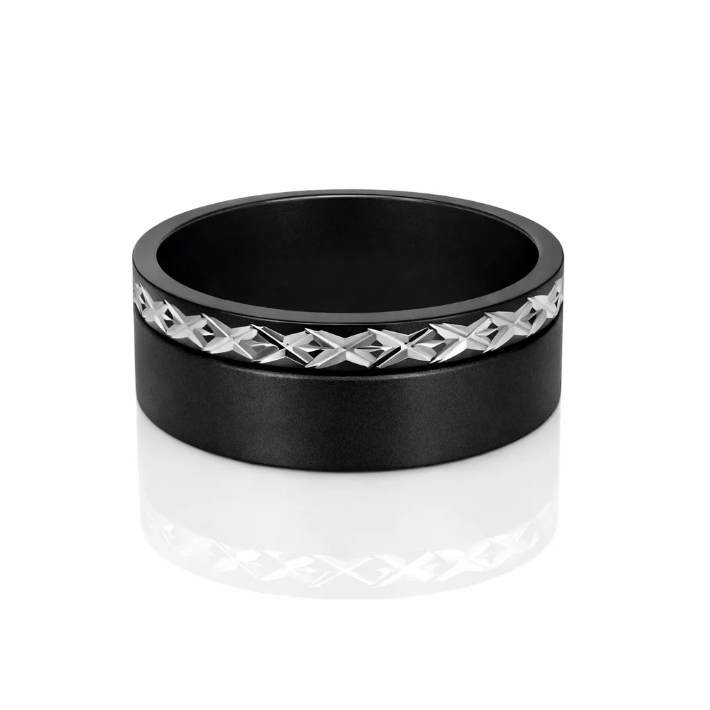 Black Zirconium Hand-Carved Ring – 8mm Matte Finish with Silver-Grey Pattern Inlay - WD27TNZ-C8-LG-ZB