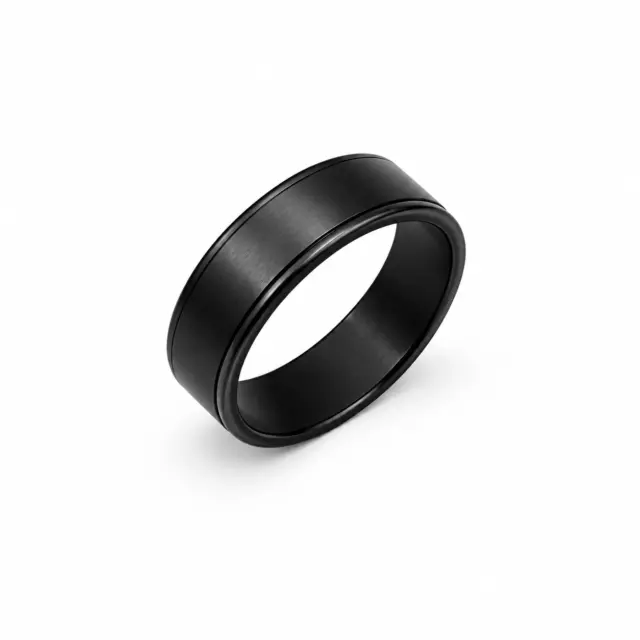 Black Zirconium Sanded Finish Ring, 8mm Flat Profile with Double Edge Grooves | Modern Men’s Wedding Band - WD701Z-C8-MD-ZB