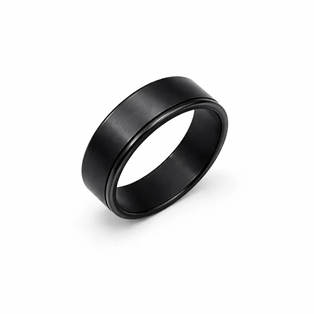 Black Zirconium Sanded Finish Ring, 8mm Flat Profile with Double Edge Grooves | Modern Men’s Wedding Band - WD701Z-C8-MD-ZB