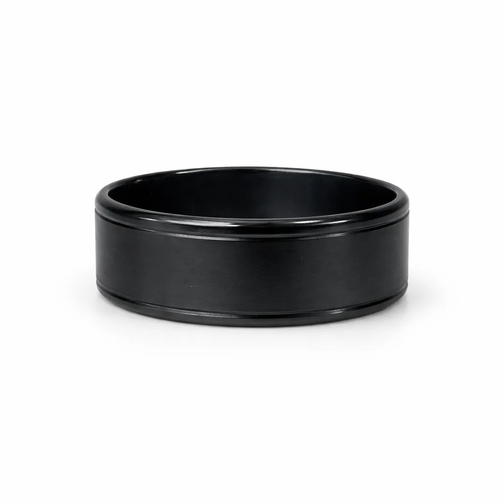 Black Zirconium Sanded Finish Ring, 8mm Flat Profile with Double Edge Grooves | Modern Men’s Wedding Band - WD701Z-C8-MD-ZB