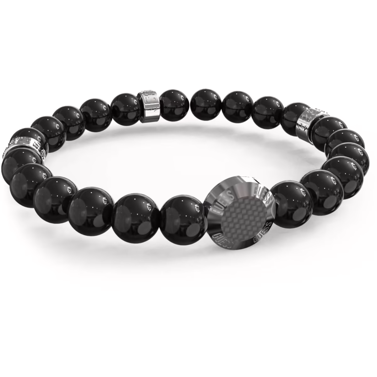 Guess Carbon Fiber Beads Bracelet Silver Tone Rings