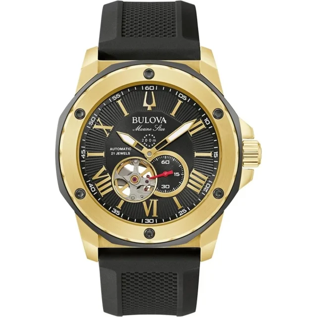 Bulova 98A272 Marine Star Automatic Men’s Watch – Black Dial, Gold-Tone Case, Silicone Strap