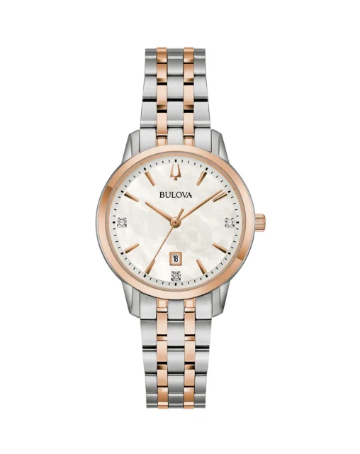 Bulova Classic Ladies Quartz Two-Tone Rose Gold & Silver, Mother of Pearl Dial Watch - 98P213
