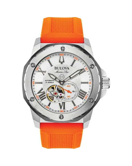 Bulova Gents Automatic 200M WR White Dial, Stainless Case, Orange Silicone Strap Watch - 98A226