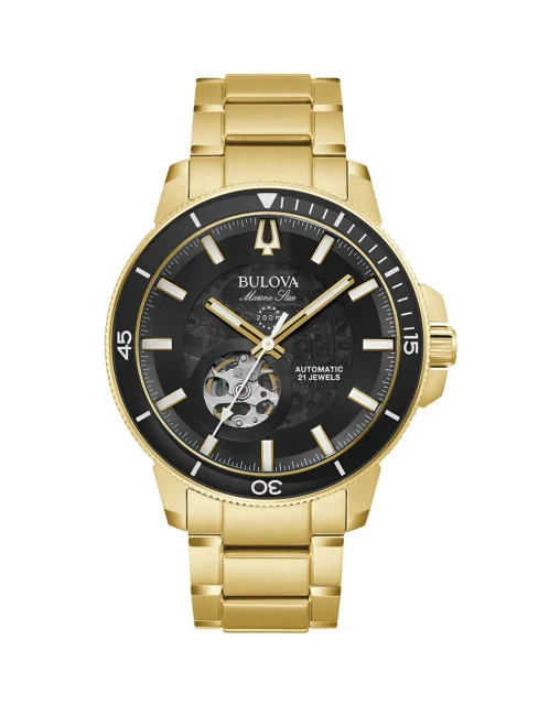 Bulova Gents Automatic Gold Tone Stainless Steel Black Dial Watch - 97A174