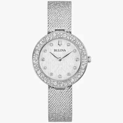 Bulova Ladies' Silver Tone Champagne Dial WIth Crystal Markers Bezel Bracelet 32mm Watch - 96L329