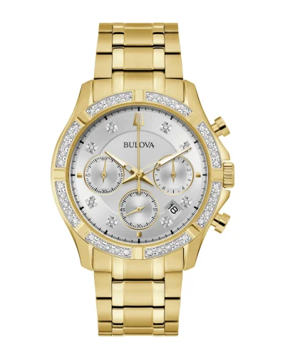 Bulova Men's Sutton Diamond Set Chronograph WR Silver Dial, Gold Case & Band - 98E113