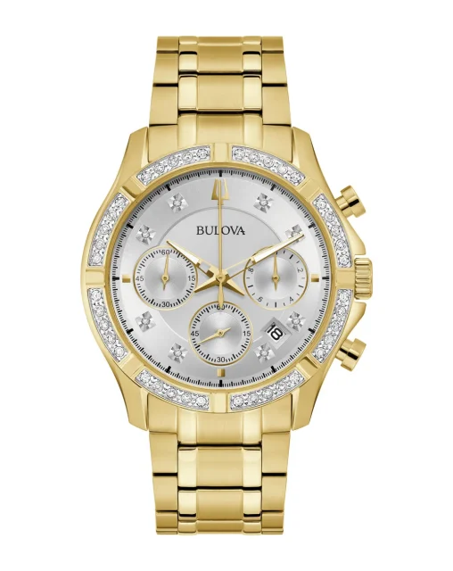 Bulova Men's Sutton Diamond Set Chronograph WR Silver Dial, Gold Case & Band - 98E113