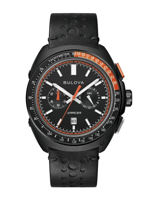 Bulova Racer Gents Quartz Black Dial Black Leather Strap 100M WR Watch - 98B428