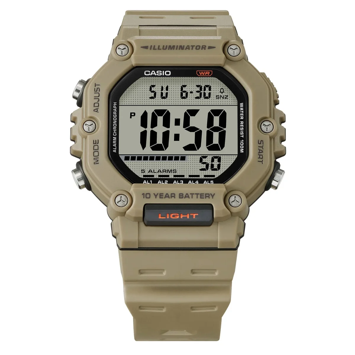Casio 100M WR, Large Digital LED Light, Brown Case & Strap, 10YR Battery - AE1600H-5A