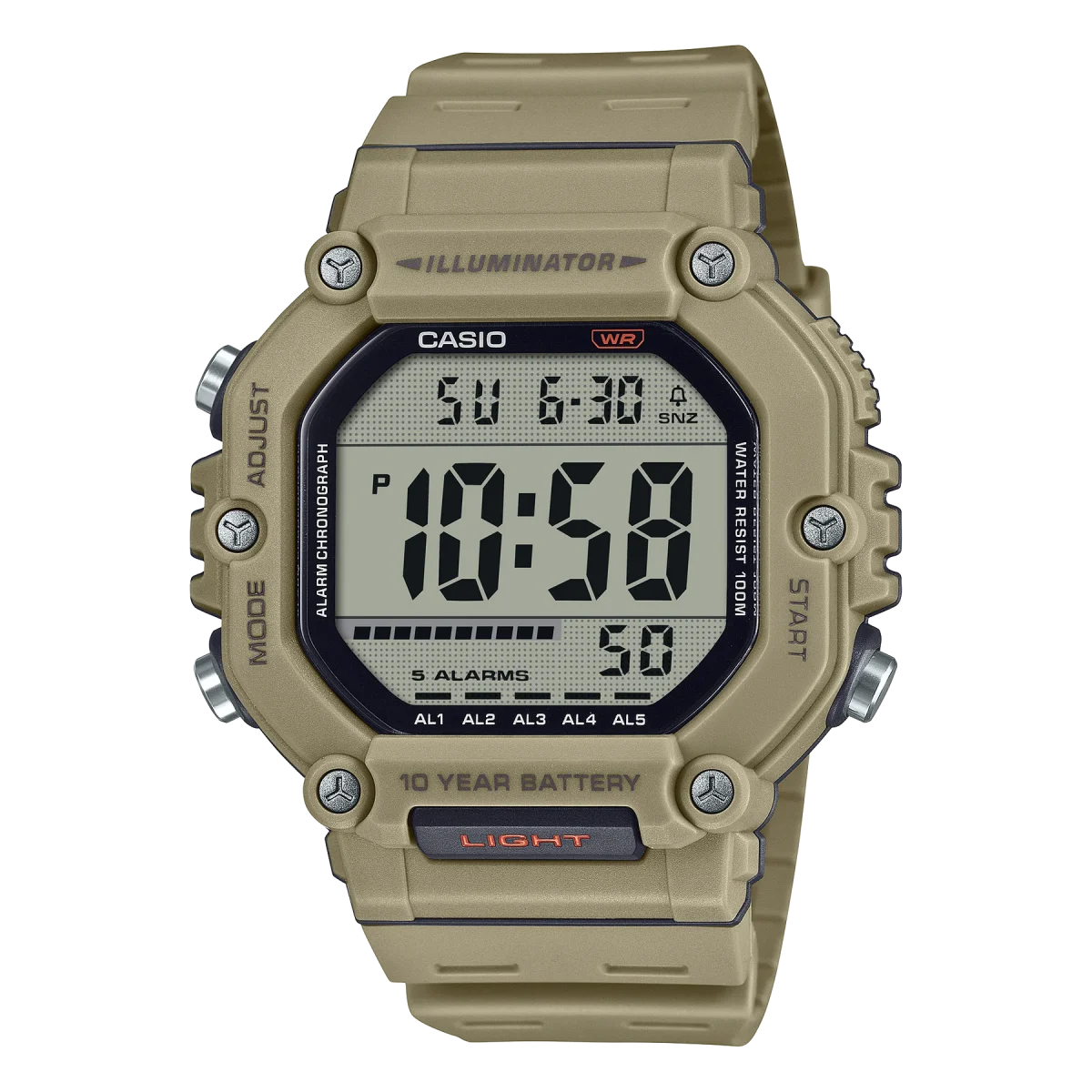 Casio 100M WR, Large Digital LED Light, Brown Case & Strap, 10YR Battery - AE1600H-5A
