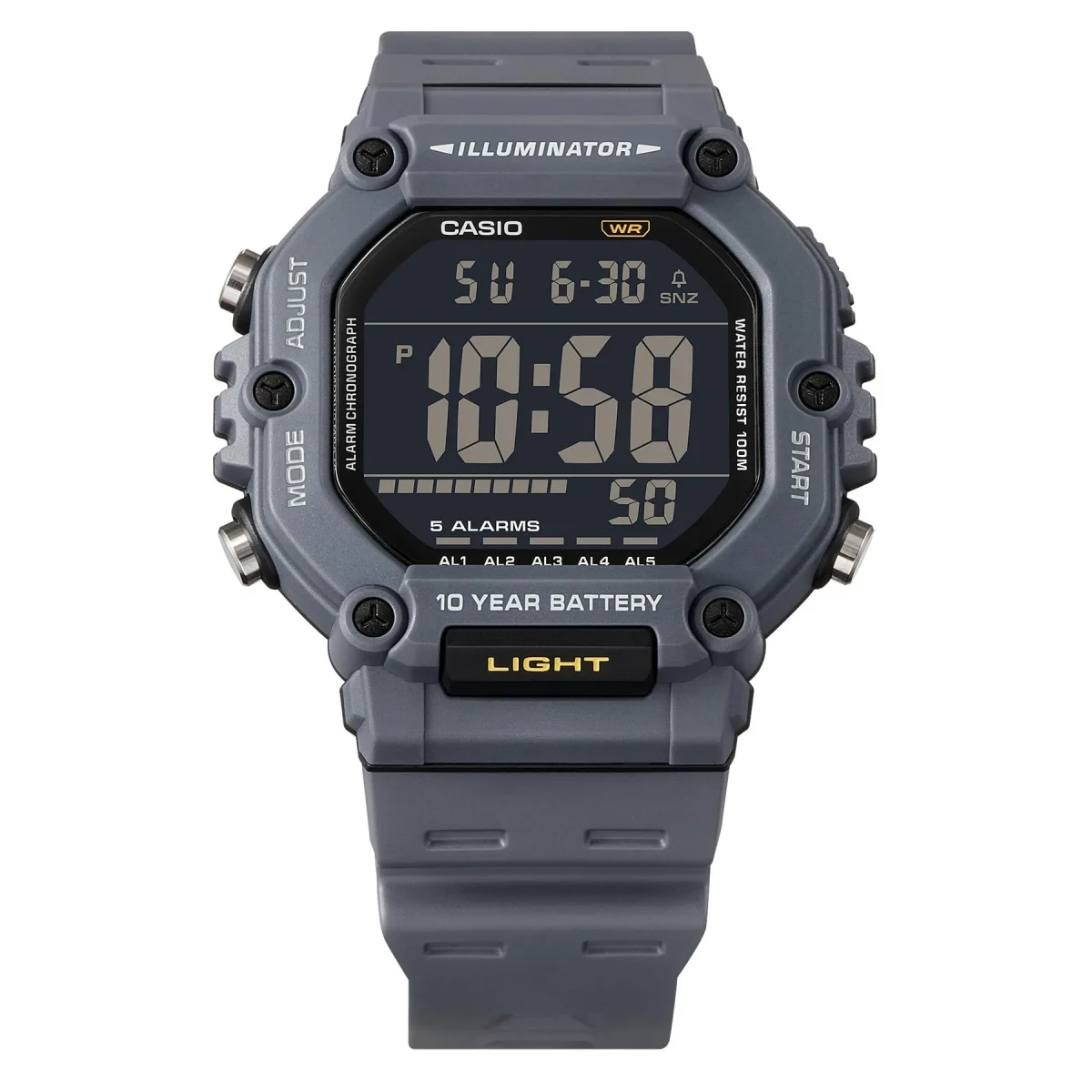 Casio 100M WR, Large Digital LED Light, Grey Case & Strap, 10YR Battery - AE1600H-8B