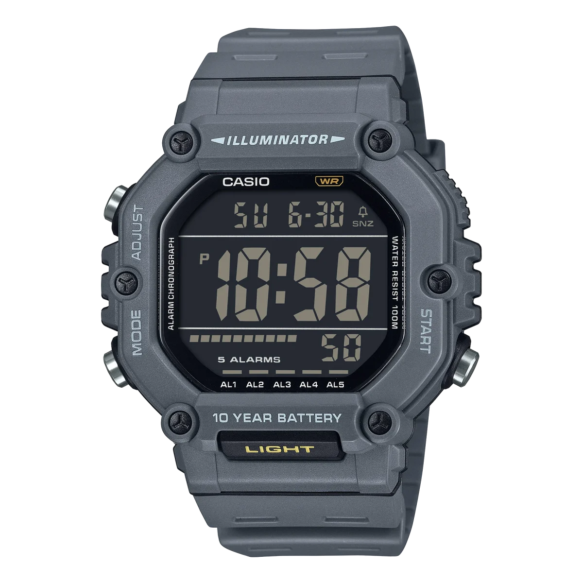 Casio 100M WR, Large Digital LED Light, Grey Case & Strap, 10YR Battery - AE1600H-8B