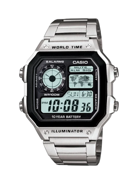 Casio AE1200WHD-1A “World Time” Stainless Steel Digital Watch – Silver Band, 10-Year Battery, 100m Water-Resist