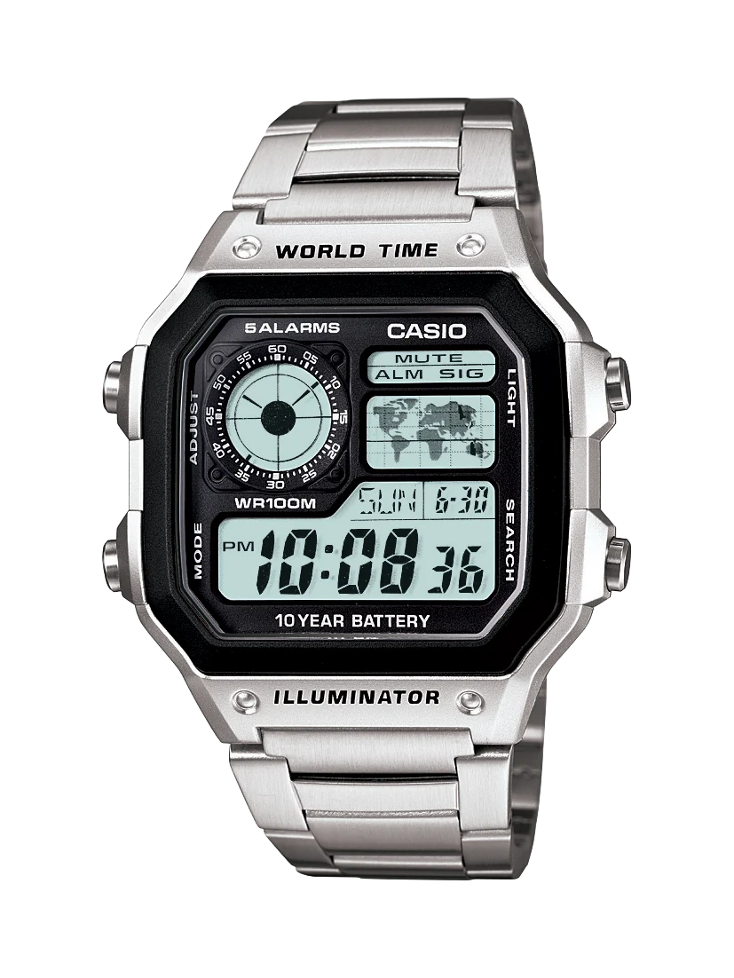 Casio AE1200WHD-1A “World Time” Stainless Steel Digital Watch – Silver Band, 10-Year Battery, 100m Water-Resist
