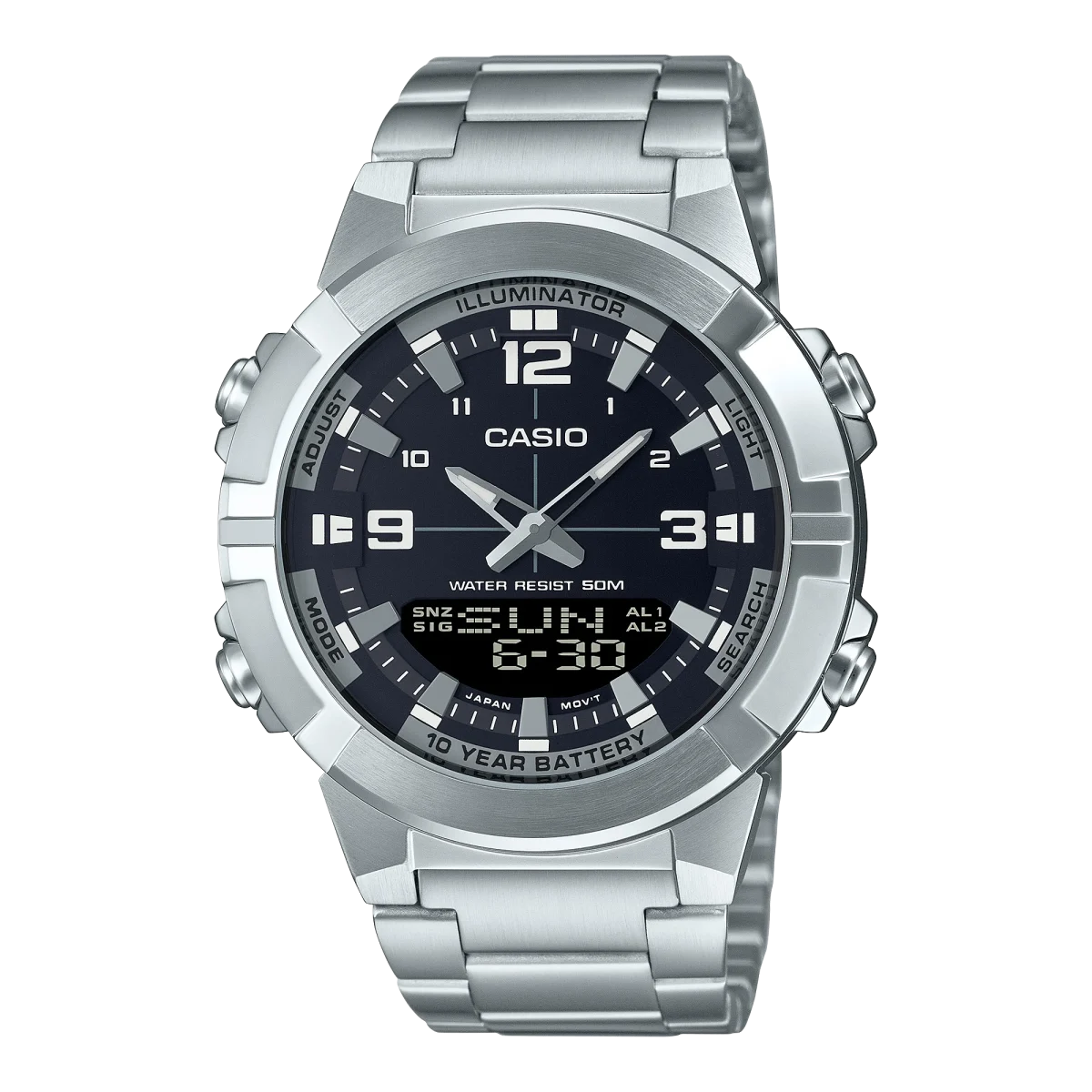 CASIO AMW-870D-1AV Men’s Analog-Digital World Time Stainless Steel Watch — 10-Year Battery, 50M Water Resistant