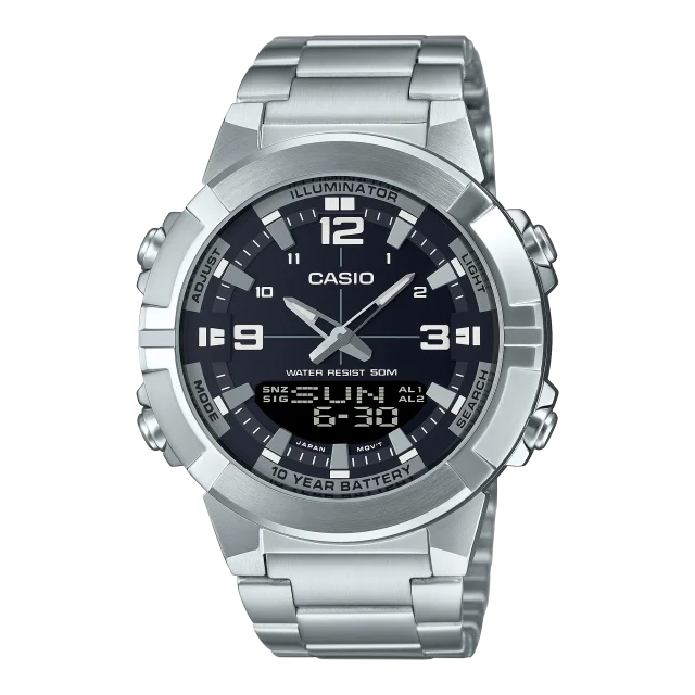 CASIO AMW-870D-1AV Men’s Analog-Digital World Time Stainless Steel Watch — 10-Year Battery, 50M Water Resistant