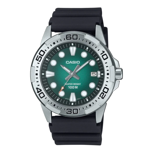 Casio Analogue 100M WR, Diver's Look Green Dial, Stainless Steel Case, Black Resin Strap - MTD140-3A
