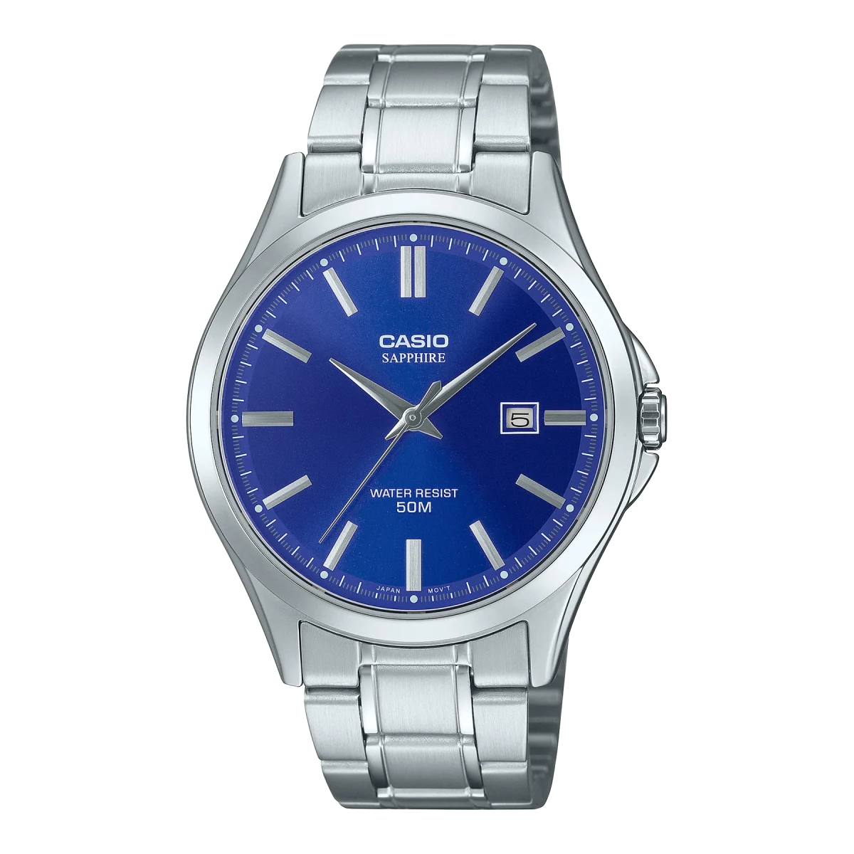 Casio Analogue 50m WR Blue Dial, Stainless Case & Band - MTS115D-2A1