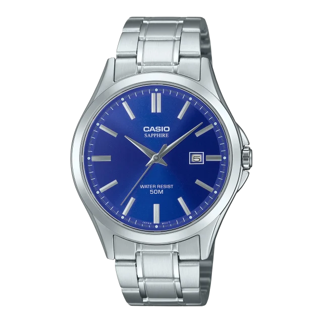 Casio Analogue 50m WR Blue Dial, Stainless Case & Band - MTS115D-2A1