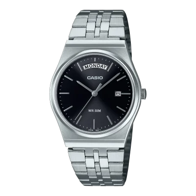 Casio Analogue Day Date Retro Black Dial Silver Case & Band Watch - MTPB146D-1A