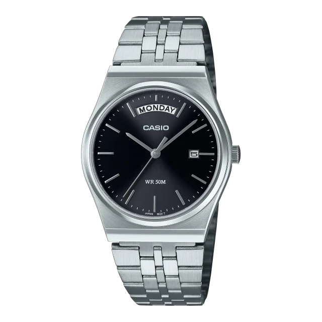 Casio Analogue Day Date Retro Black Dial Silver Case & Band Watch - MTPB146D-1A