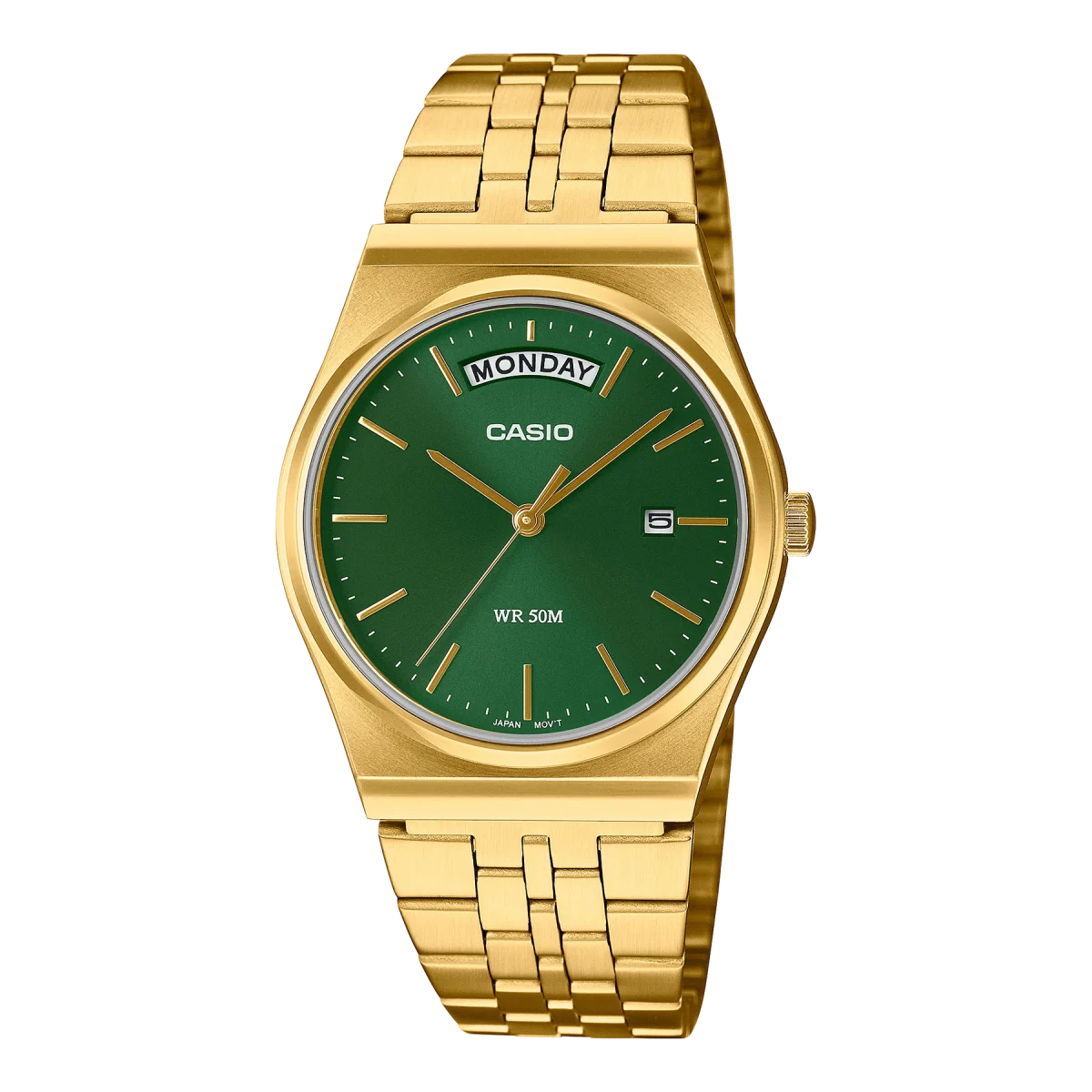Casio Analogue Day Date Retro Green Dial Gold Case & Band Watch - MTPB146G-3A