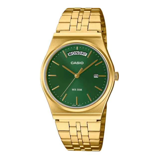 Casio Analogue Day Date Retro Green Dial Gold Case & Band Watch - MTPB146G-3A
