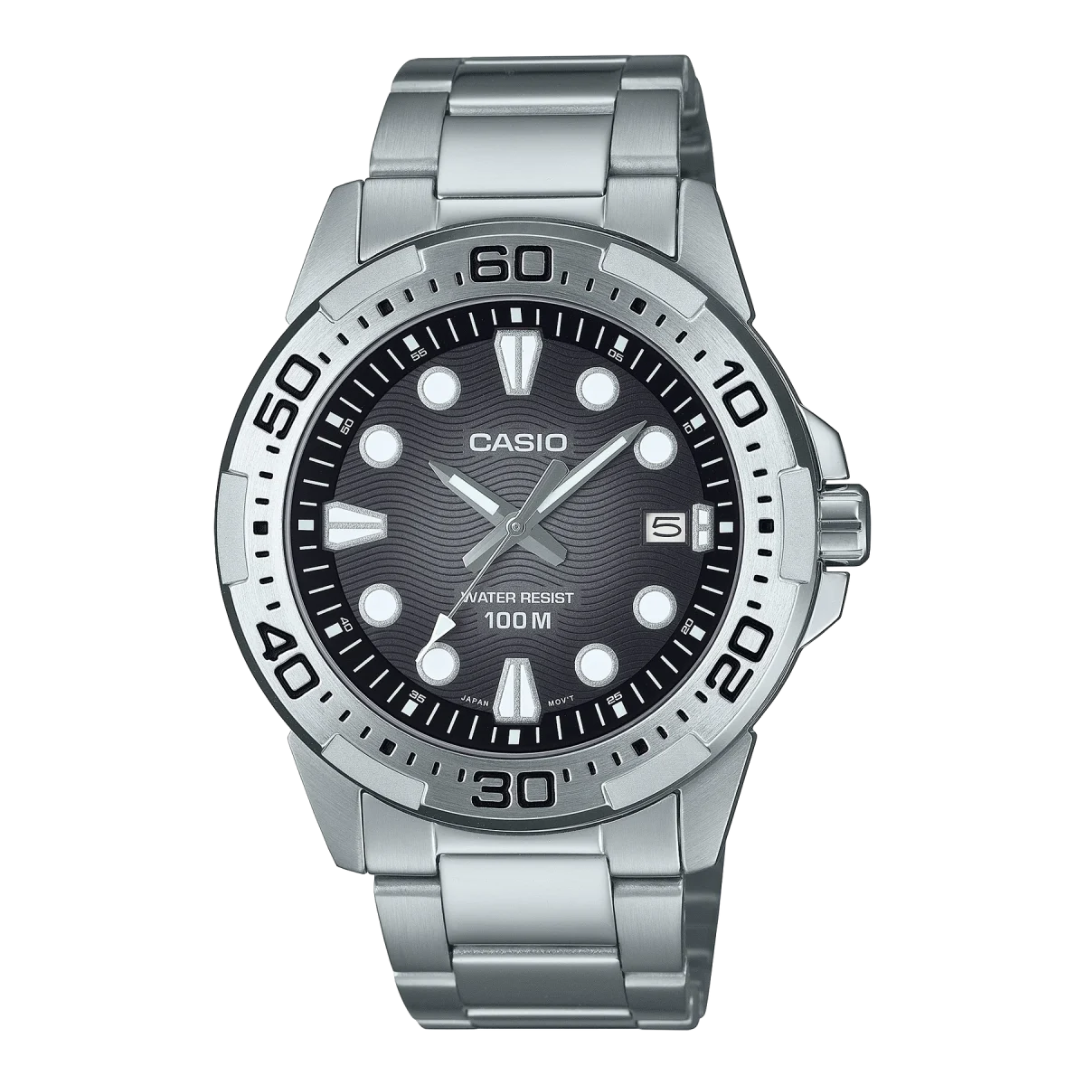 Casio Analogue Divers Look 100M WR Black Dial Stainless Steel Case & Band - MTD140D-1A