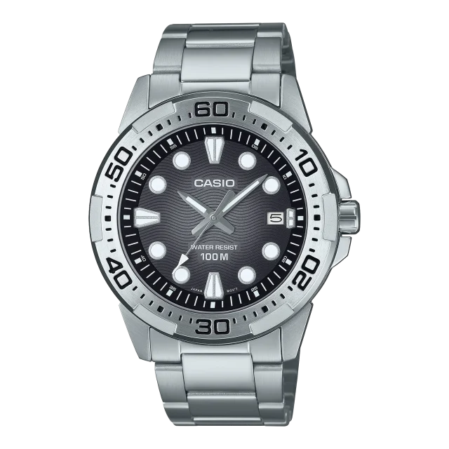 Casio Analogue Divers Look 100M WR Black Dial Stainless Steel Case & Band - MTD140D-1A