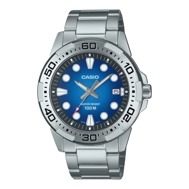 Casio Analogue Divers Look 100M WR Blue Dial Stainless Steel Case & Band - MTD140D-2A