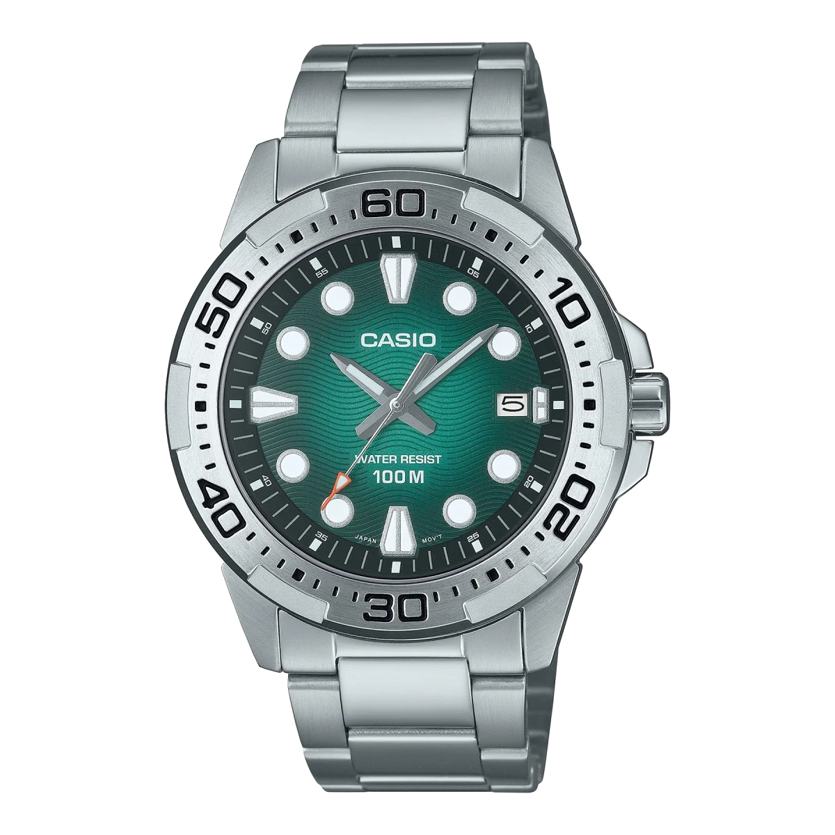 Casio Analogue Divers Look 100M WR Green Dial Stainless Steel Case & Band - MTD140D-3A