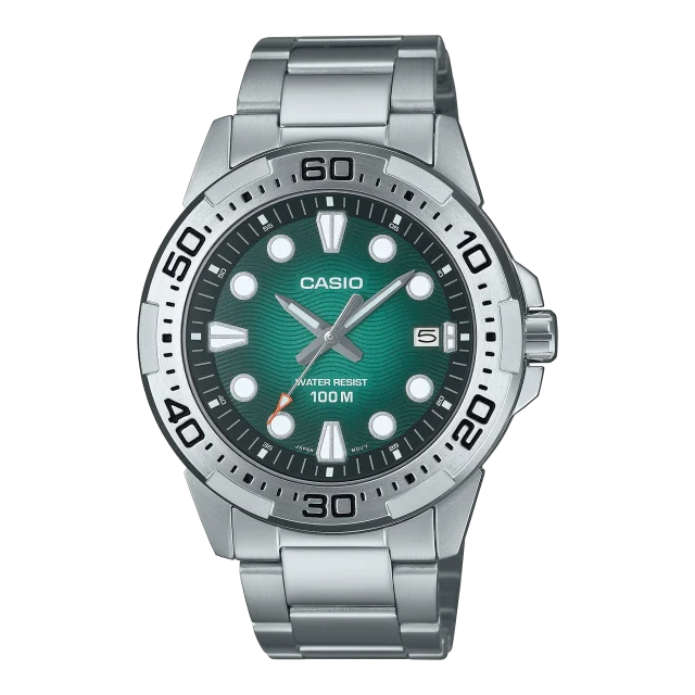 Casio Analogue Divers Look 100M WR Green Dial Stainless Steel Case & Band - MTD140D-3A