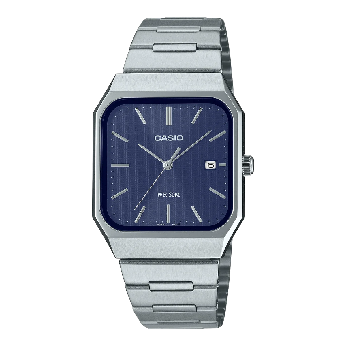 Casio Analogue Square Case, Blue Dial, Silverd Case & Band Watch - MTPB185D-2A1