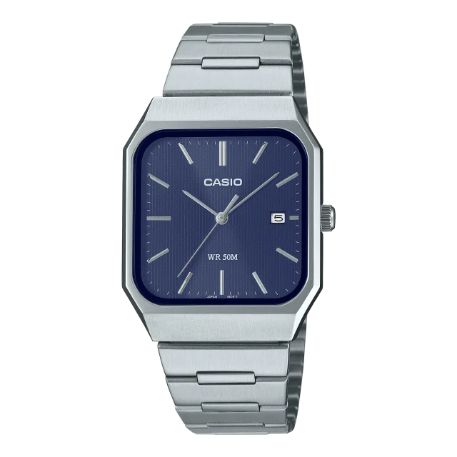 Casio Analogue Square Case, Blue Dial, Silverd Case & Band Watch - MTPB185D-2A1