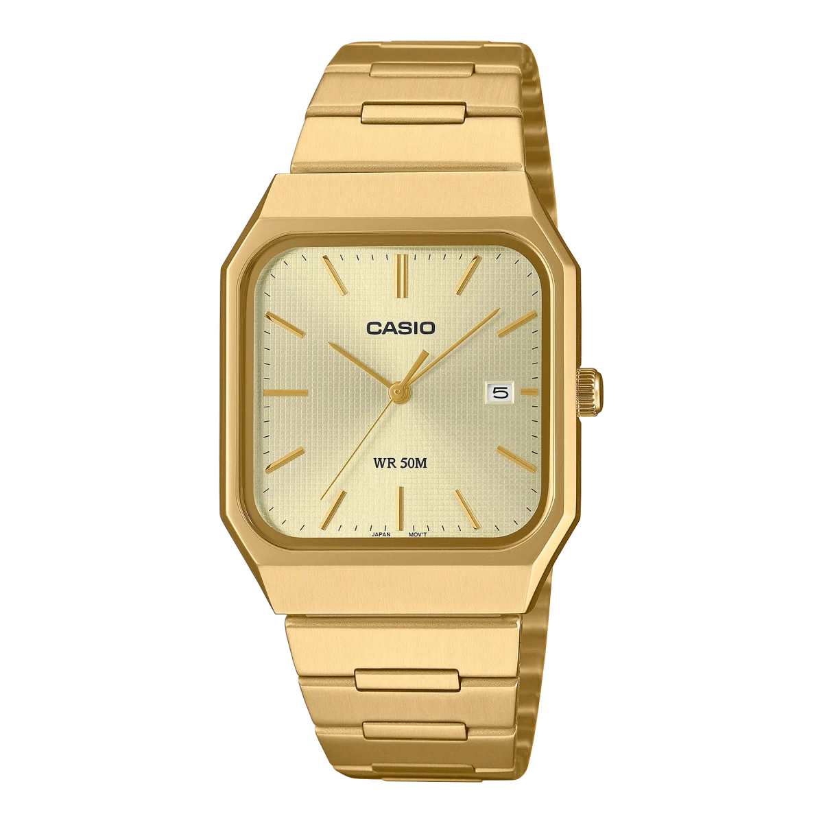 Casio Analogue Square Case, Gold Dial, Gold Case & Band Watch - MTPB185G-9A