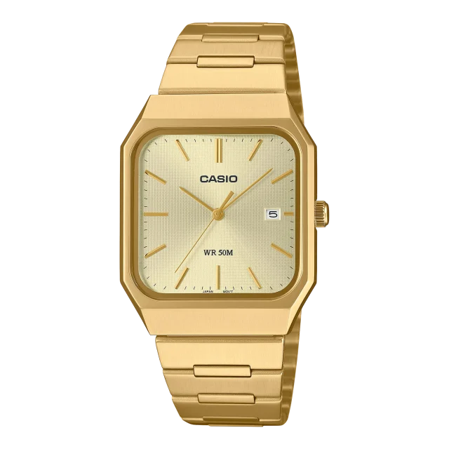 Casio Analogue Square Case, Gold Dial, Gold Case & Band Watch - MTPB185G-9A