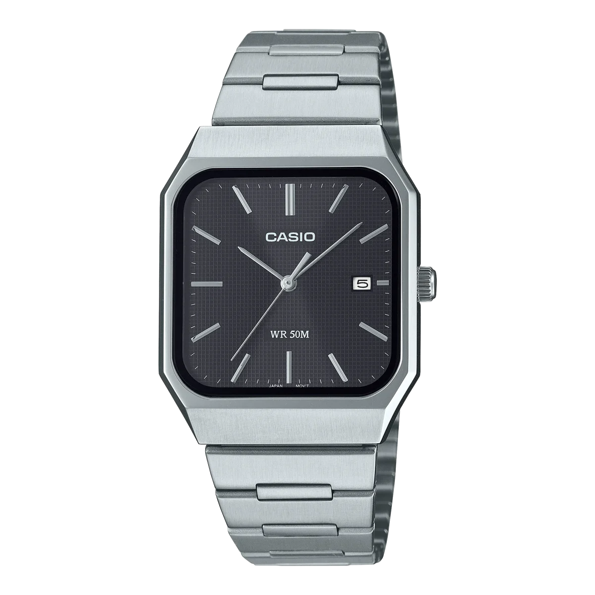 Casio Analogue Square Dial 50M WR Black Dial Stainless Steel Case & Band - MTPB185D-1A
