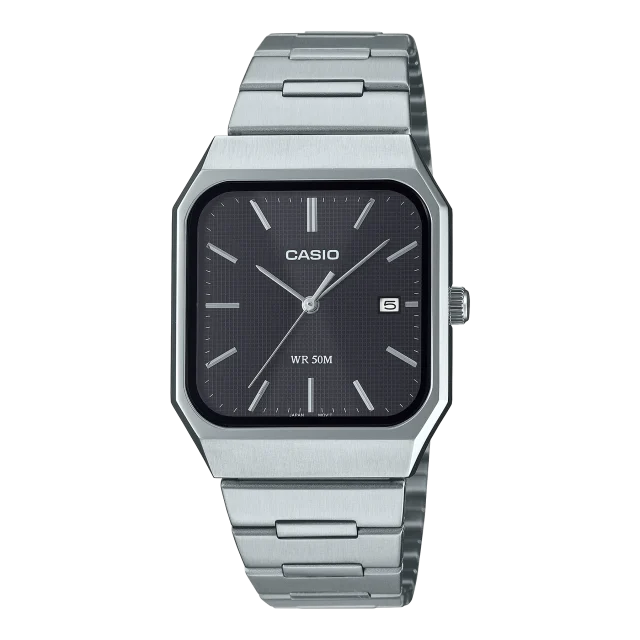 Casio Analogue Square Dial 50M WR Black Dial Stainless Steel Case & Band - MTPB185D-1A