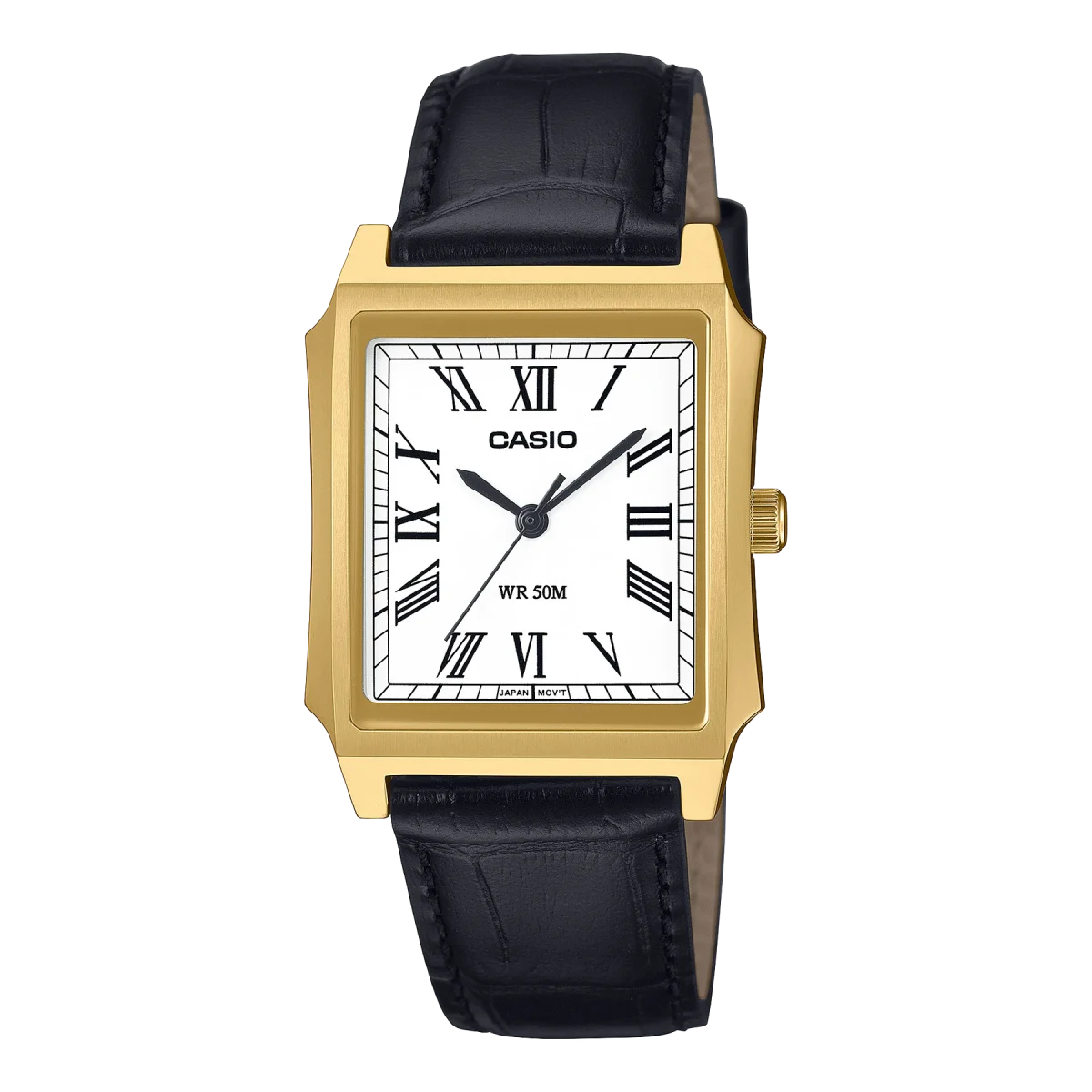 Casio Analogue White Dial, Gold Case & Black Leather Strap Watch - MTPB190GL-7B