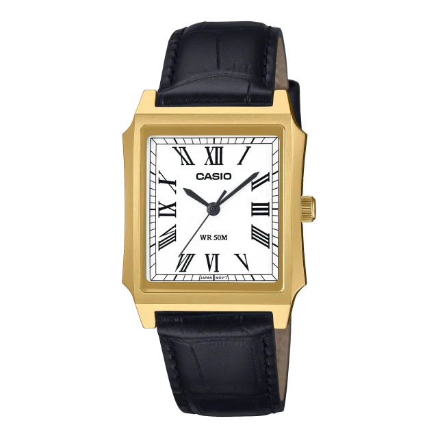 Casio Analogue White Dial, Gold Case & Black Leather Strap Watch - MTPB190GL-7B