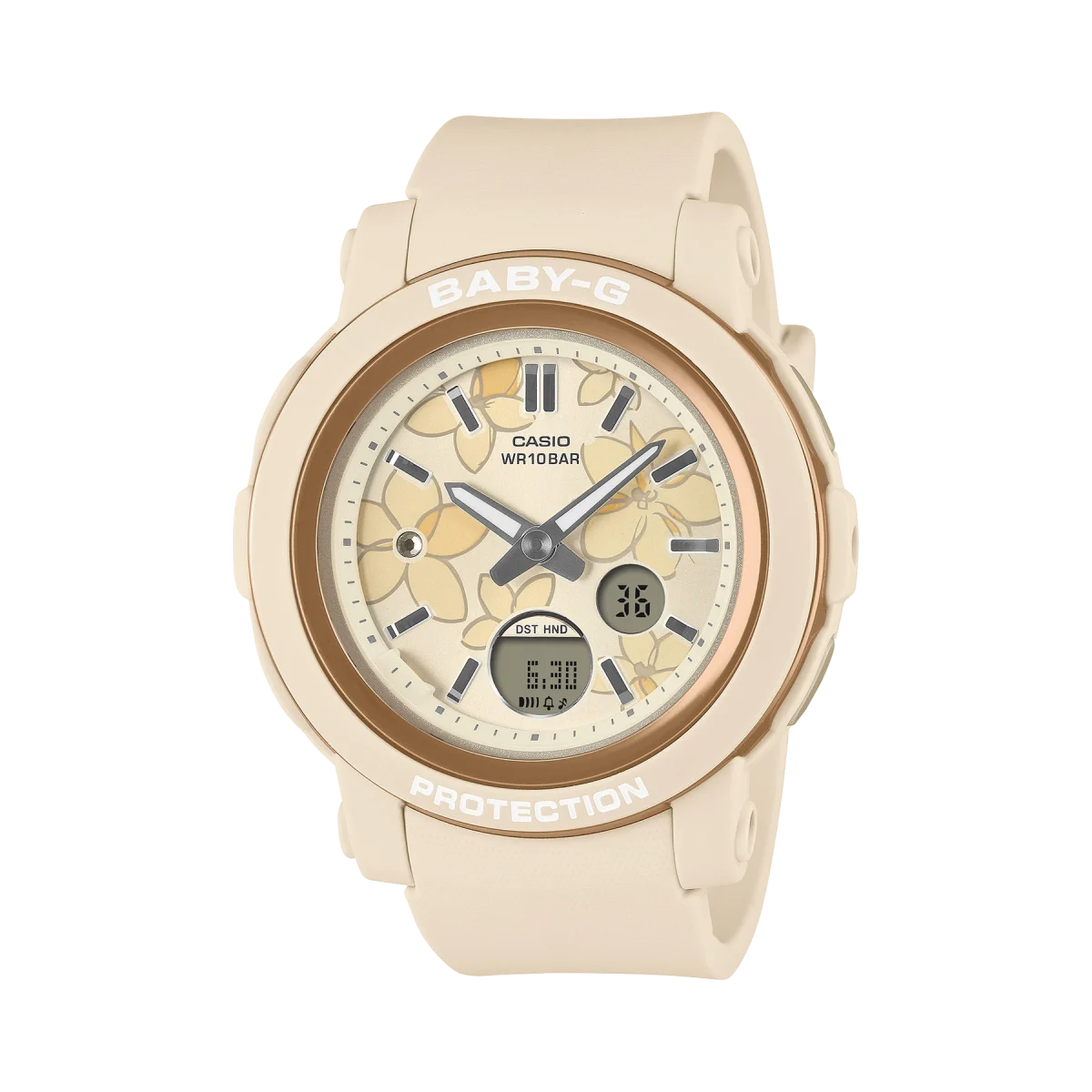 Casio Baby-G BGA290FL-4A Women's Analogue Digital Watch – Soft Pastel Yellow & Light Apricot Floral Dial