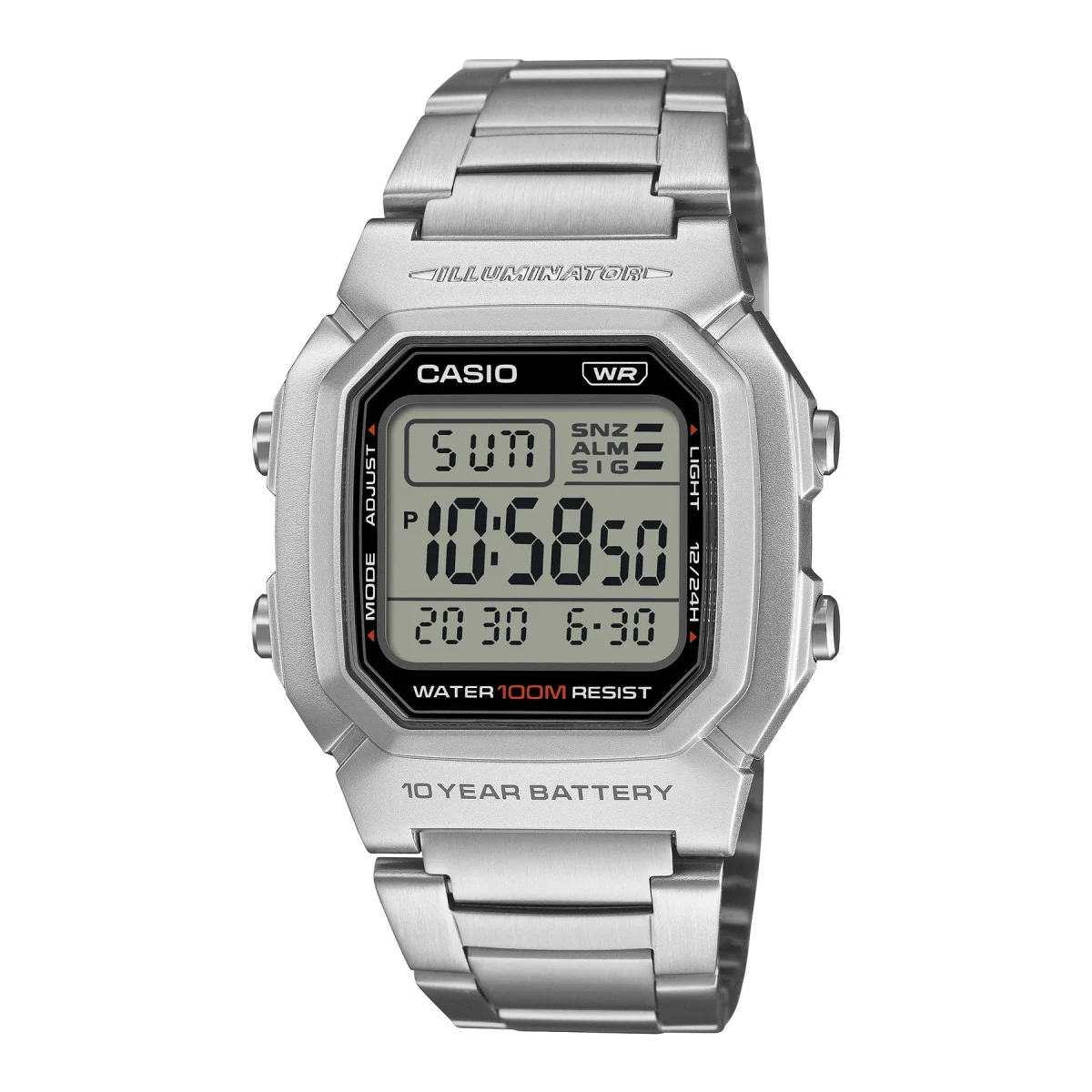 CASIO Digital 100M WR, 10Yr Battery Stainless Steel Band & Case - W800HD-1A