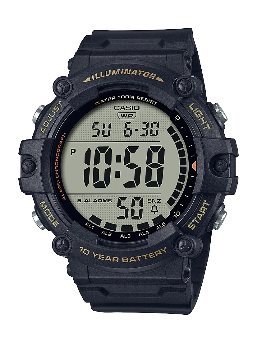 Casio Digital Extra Long Strap 10 Year Battery Black Resin Band - AE1500WHX-1A