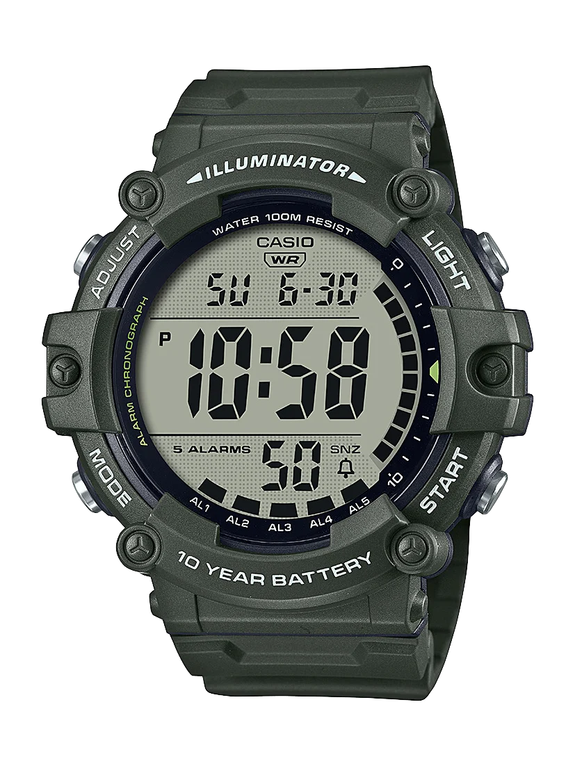 Casio Digital Extra Long Strap 10 Year Battery Green Beige Resin Band - AE1500WHX-3A