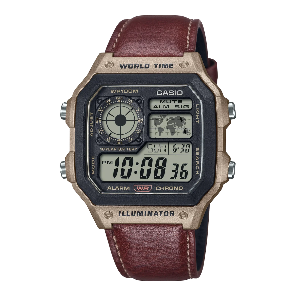 Casio Digital Gadget Inspired, Brown Leather WR Watch - AE1200WHL-5A