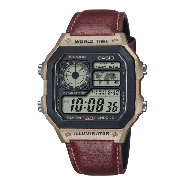 Casio Digital Gadget Inspired, Brown Leather WR Watch - AE1200WHL-5A