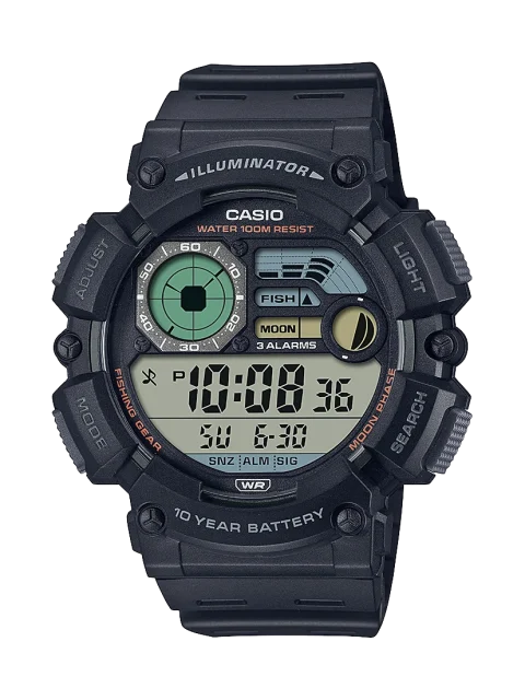 Casio Digital Multi Window Fish, Moon 100M 10YR Battery Black Resin Band - WS1500H-1A