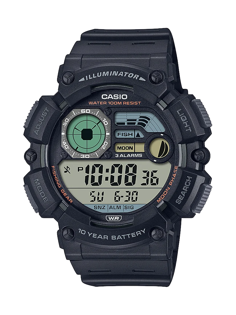 Casio Digital Multi Window Fish, Moon 100M 10YR Battery Black Resin Band - WS1500H-1A