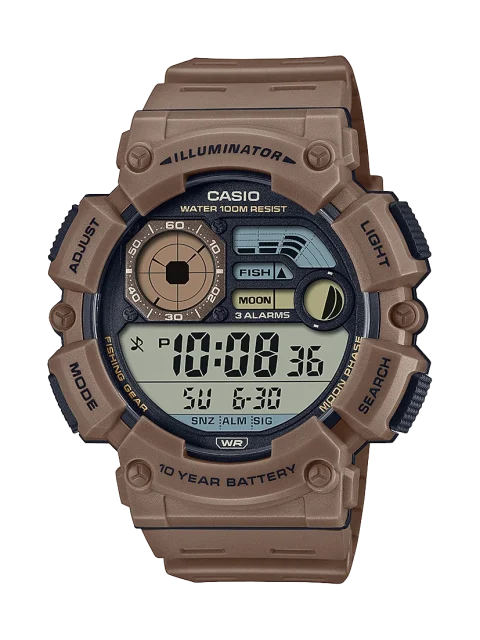 Casio Digital Multi Window Fish, Moon 100M 10YR Battery Brown Resin Band - WS1500H-5A